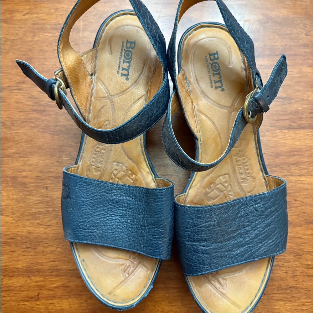 Born Denim Blue Wedge Sandals with Ankle Straps